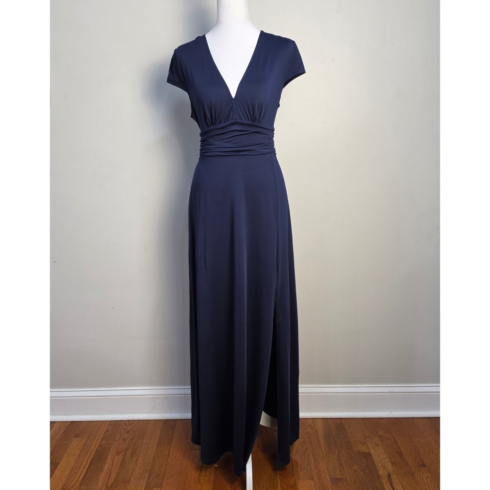 Anrabess Womens Navy Blue V-Neck Ruched Empire Waist Maxi Dress Side Slit Size M